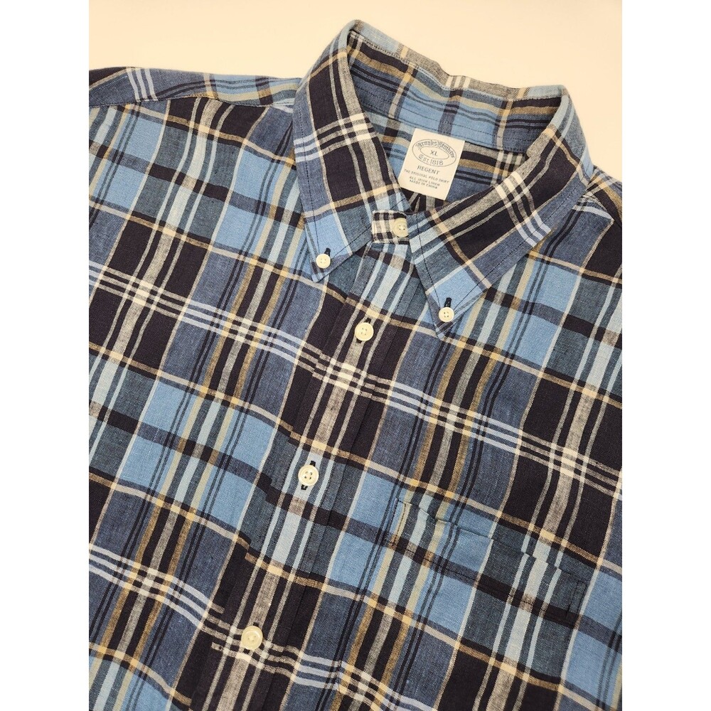 Brooks Brothers 100% Irish Linen Regent Shirt Mens XL Blue S/S Plaid Button Down